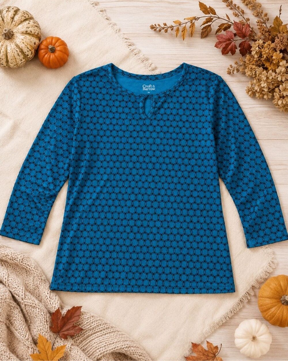 Croft & Barrow Women’s Medium Teal Black Geometric 3/4 Sleeve Keyhole